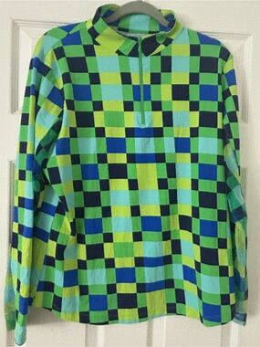 IBKUL Green & Blue Checker Quarter-Zip Long Sleeve Shirt